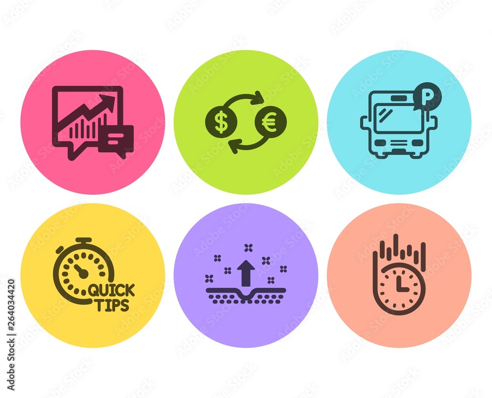 Quick tips, Bus parking and Currency exchange icons simple set. Accounting, Clean skin and Fast delivery signs. Helpful tricks, Public park. Business set. Flat quick tips icon. Circle button. Vector Quick tips, Bus parking and Currency exchange icons simple set. Accounting, Clean skin and Fast delivery signs. Helpful tricks, Public park. Business set. Flat quick tips icon. Circle button. Vector