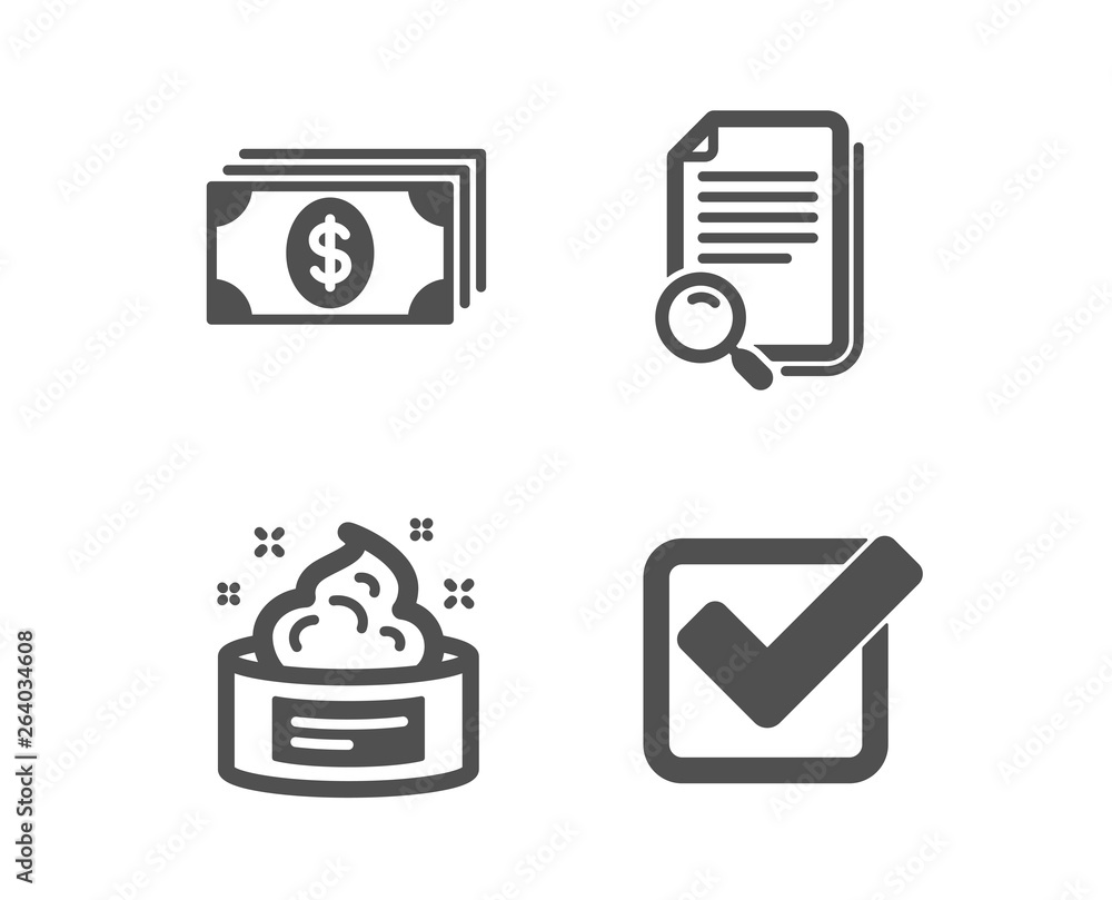 Set of Skin cream, Banking and Search file icons. Checkbox sign. Medical cosmetic, Money payment, Find document. Approved tick. Classic design skin cream icon. Flat design. Vector Set of Skin cream, Banking and Search file icons. Checkbox sign. Medical cosmetic, Money payment, Find document. Approved tick. Classic design skin cream icon. Flat design. Vector
