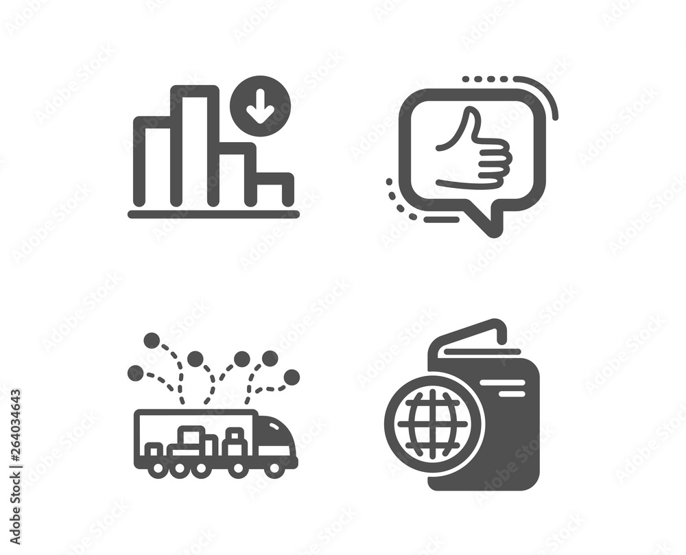 Set of Like, Truck delivery and Decreasing graph icons. Travel passport sign. Thumbs up, Logistics, Crisis chart. Trip document. Classic design like icon. Flat design. Vector Set of Like, Truck delivery and Decreasing graph icons. Travel passport sign. Thumbs up, Logistics, Crisis chart. Trip document. Classic design like icon. Flat design. Vector
