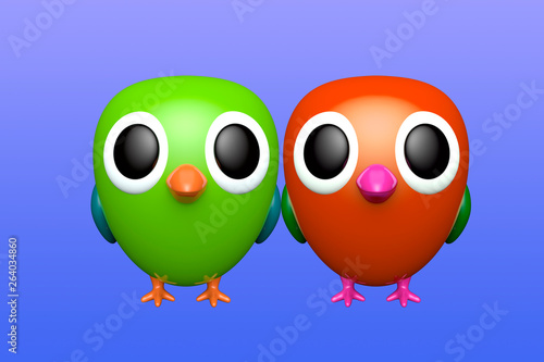 Couple of parrots. Cute cartoon character. 3d rendering