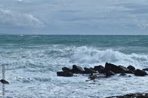 Sea, Waves and Rocks in Consolacao Beach. Peniche, Portugal