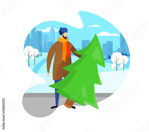 Bearded Man in Winter Hat and Coat Hold Fir-Tree.