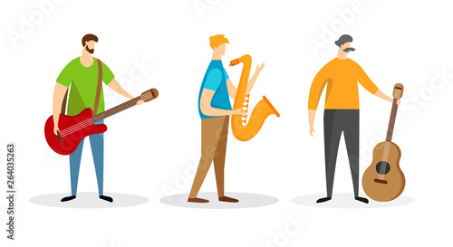 Set of Band Music Player Male Characters Isolated.