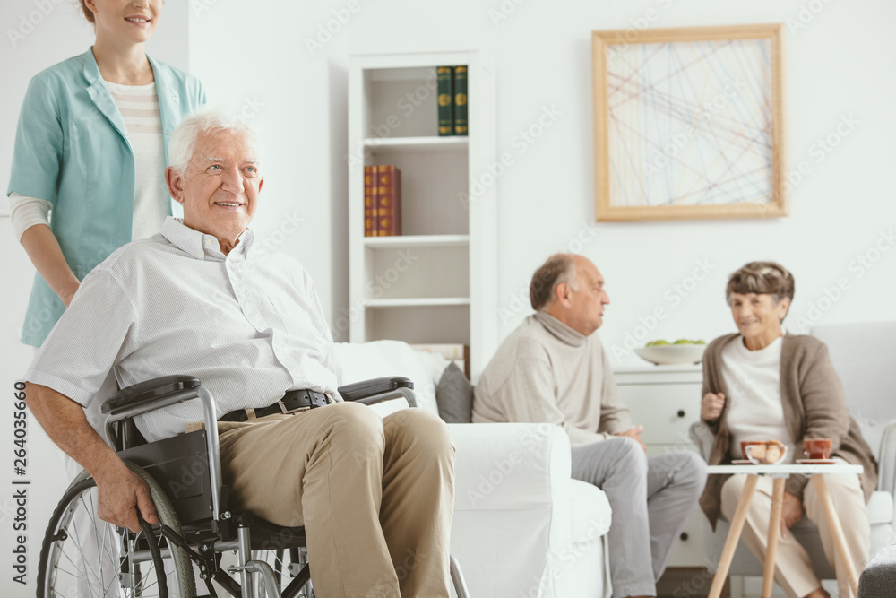 Fototapeta premium Smiling nurse supporting happy elderly man in the wheelchair near senior people