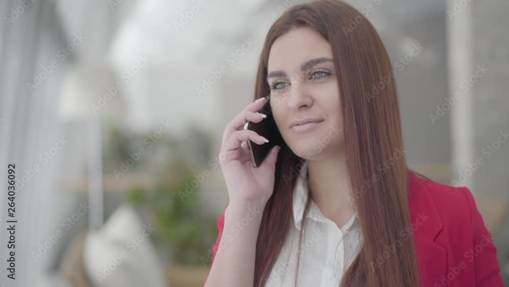 Portrait of elegant woman standing in a light comfortable office talking by cellphone. Businesswoman involved in her work. The lady has important conversation by mobile phone Portrait of elegant woman standing in a light comfortable office talking by cellphone. Businesswoman involved in her work. The lady has important conversation by mobile phone