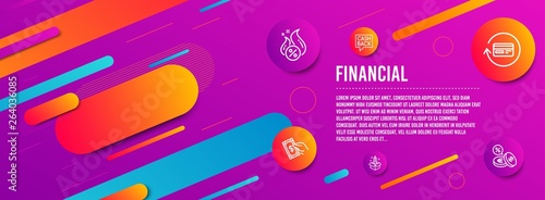 Header banner. Money transfer, Refund commission and Hot loan icons simple set. Pay money, Startup and Currency exchange signs. Cashback message, Cashback card. Finance set. Line money transfer icon