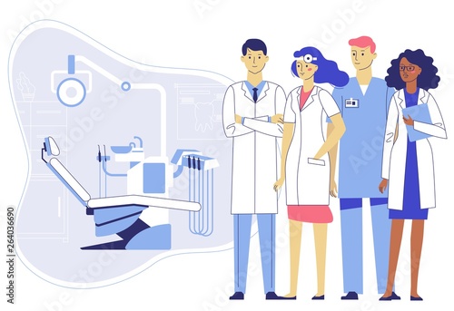 Medicine dental concept. Team of dentists in dentistry office. Group of young doctors man and woman standing together on dental chair background. Checkup and teeth medical examination.