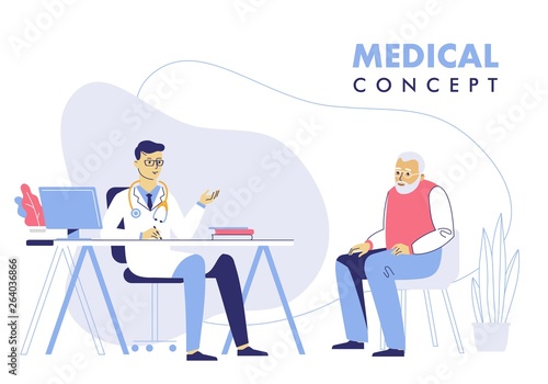 Medicine concept with doctor and old patient. Practitioner doctor man and senior patient in hospital medical office. Consultation and diagnosis.