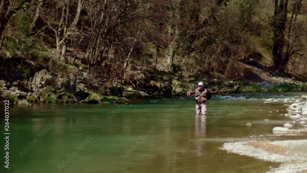 Flyfish fisherman fishing for fishes in stream river Flyfish fisherman fishing for fishes in stream river