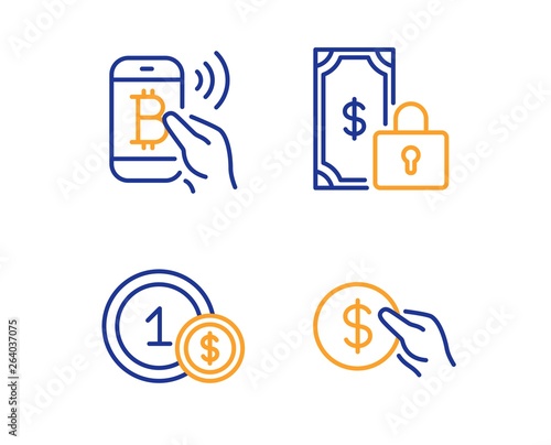 Usd coins, Bitcoin pay and Private payment icons simple set. Payment sign. Secure finance, Usd coin. Finance set. Linear usd coins icon. Colorful design set. Vector