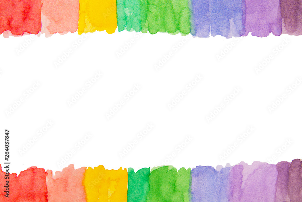 Watercolor hand-drawn rainbow, colorful frame. White blank template for design. Copy space.