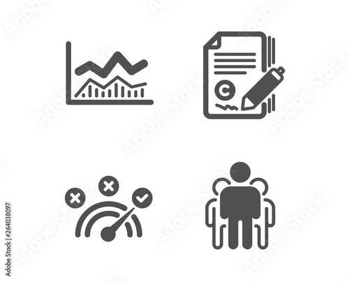 Set of Copywriting, Trade infochart and Correct answer icons. Group sign. Ð¡opyright signature, Business analysis, Speed symbol. Managers.  Classic design copywriting icon. Flat design. Vector