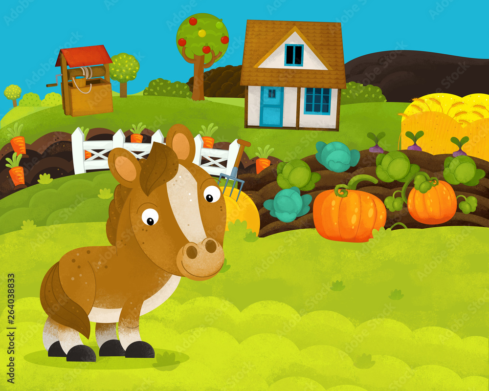 cartoon happy and funny farm scene with happy horse - illustration for children cartoon happy and funny farm scene with happy horse - illustration for children