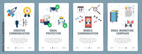 Vector set of vertical web banners with communication, email protection, mobile communication and email marketing.Vector banner template for website and mobile app development with icon set.