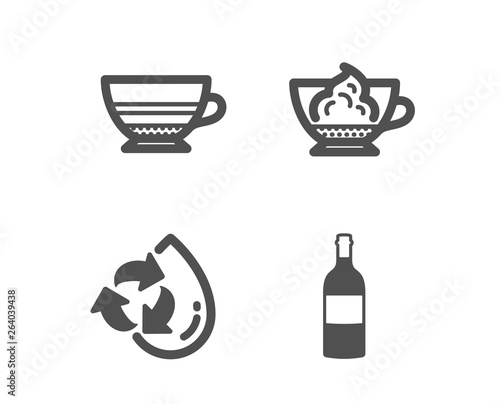 Set of Mocha, Espresso cream and Recycle water icons. Wine bottle sign. Coffee cup, Cafe con panna, Refill aqua. Cabernet sauvignon.  Classic design mocha icon. Flat design. Vector