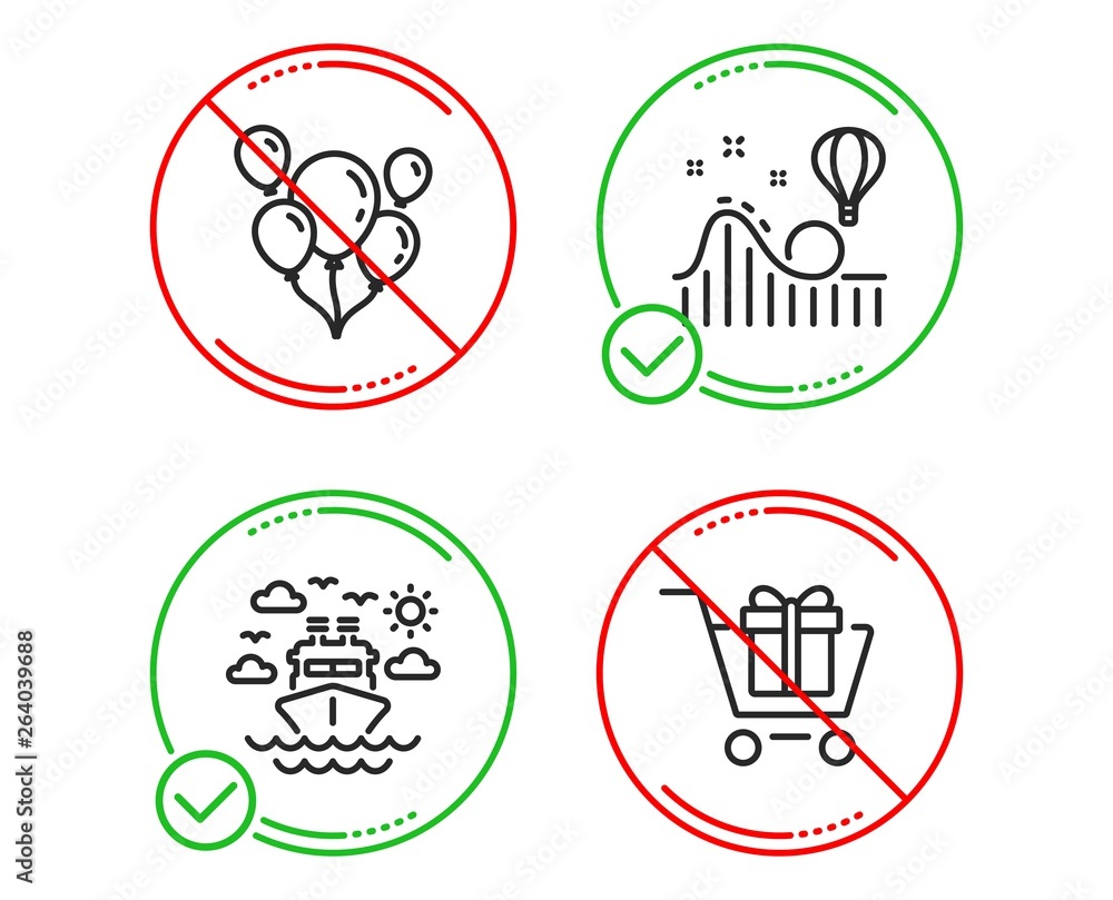 Do or Stop. Balloons, Ship travel and Roller coaster icons simple set. Shopping cart sign. Air balloons, Cruise transport, Attraction park. Gift box. Holidays set. Line balloons do icon. Vector Do or Stop. Balloons, Ship travel and Roller coaster icons simple set. Shopping cart sign. Air balloons, Cruise transport, Attraction park. Gift box. Holidays set. Line balloons do icon. Vector