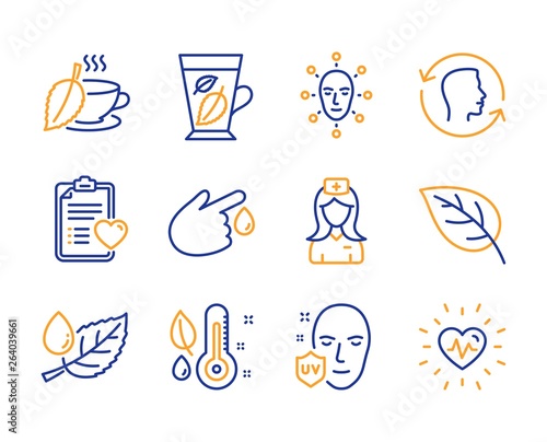 Mint tea, Blood donation and Face biometrics icons simple set. Hospital nurse, Uv protection and Face id signs. Patient history, Leaf dew and Leaf symbols. Line mint tea icon. Colorful set. Vector