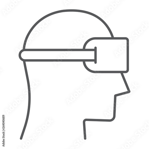 VR device thin line icon, gaming and virtual, vr headset sign, vector graphics, a linear pattern on a white background.