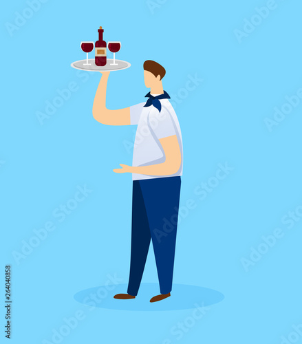 Young Waiter Carrying Tray with Bottle of Red Vine