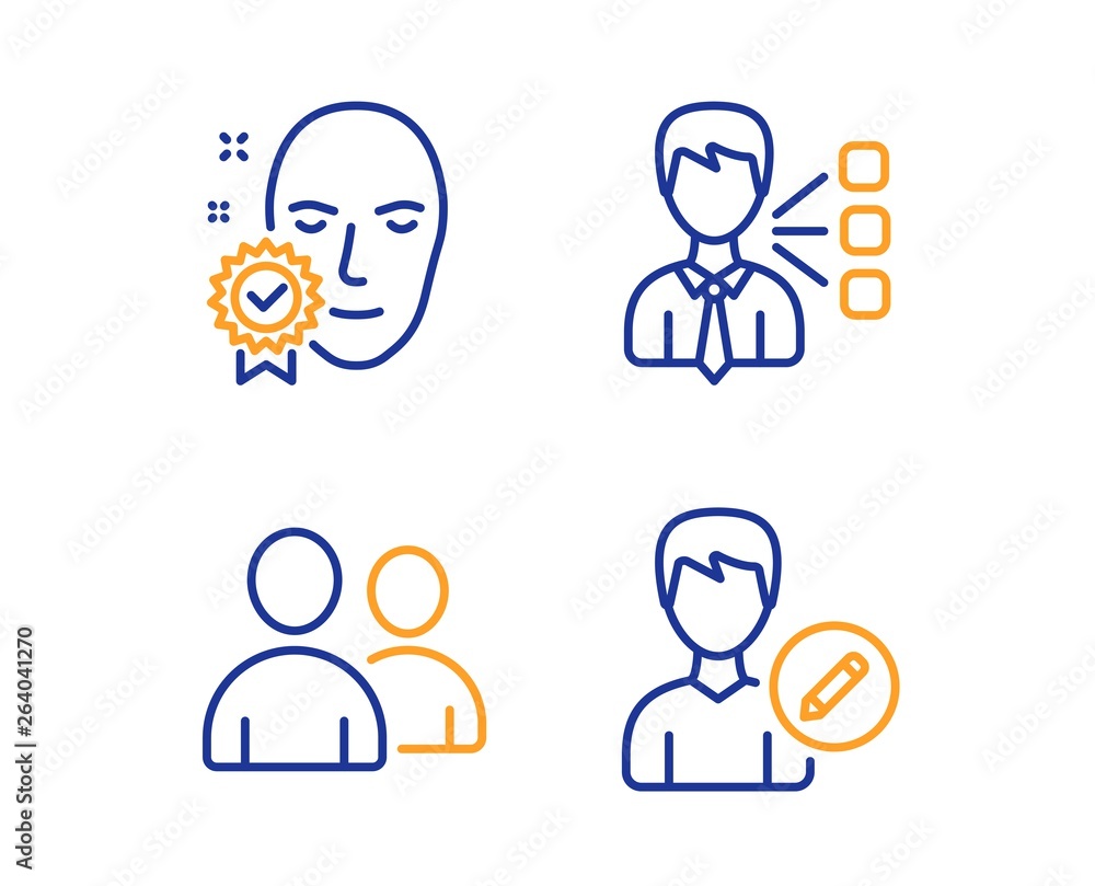 Third party, Face verified and Users icons simple set. Edit person sign. Team leader, Access granted, Couple of people. Change user info. People set. Linear third party icon. Colorful design set Third party, Face verified and Users icons simple set. Edit person sign. Team leader, Access granted, Couple of people. Change user info. People set. Linear third party icon. Colorful design set