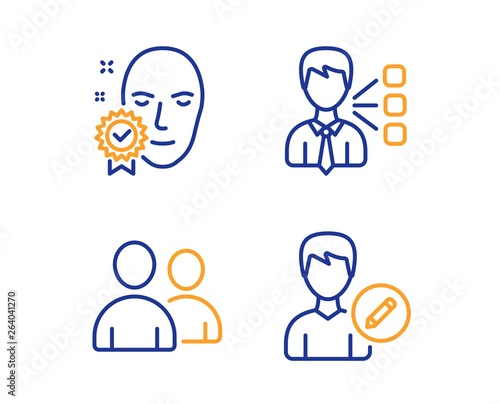 Third party, Face verified and Users icons simple set. Edit person sign. Team leader, Access granted, Couple of people. Change user info. People set. Linear third party icon. Colorful design set