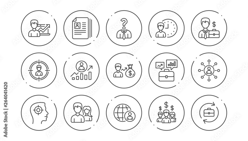Human resources icons. Head Hunting, Job center and User. Interview linear icon set. Line buttons with icon. Editable stroke. Vector