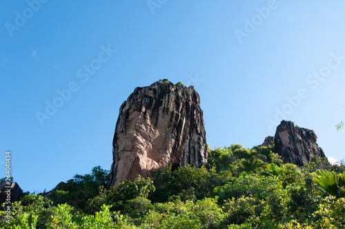 Lava stone formation, monolith, in the natural park of curieuse island, Seychelles