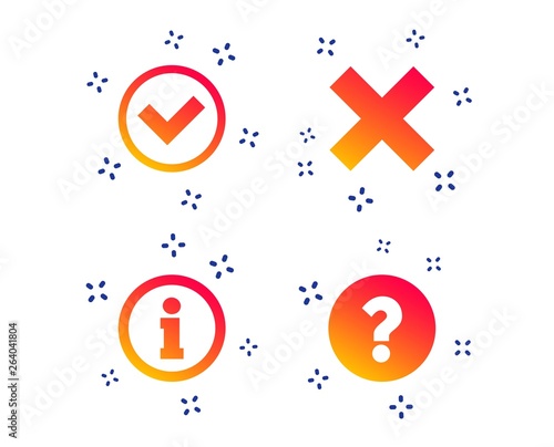 Information icons. Delete and question FAQ mark signs. Approved check mark symbol. Random dynamic shapes. Gradient info icon. Vector