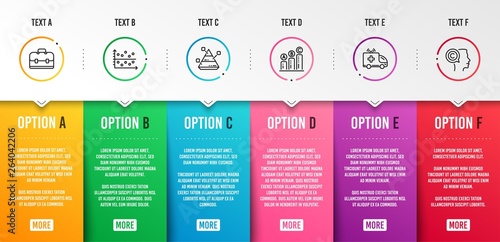 Pyramid chart, Ambulance car and Graph chart icons simple set. Dot plot, Portfolio and Writer signs. Report analysis, Emergency transport. Science set. Infographic template. 6 steps timeline. Vector