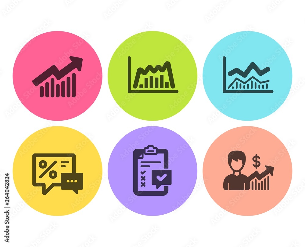 Trade infochart, Checklist and Demand curve icons simple set. Discounts, Infographic graph and Business growth signs. Business analysis, Survey. Finance set. Flat trade infochart icon. Circle button