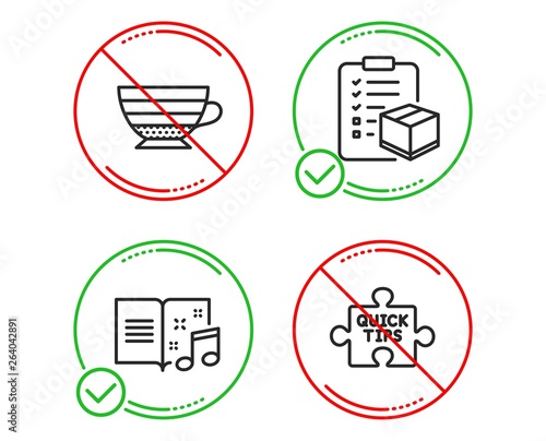 Do Or Stop Parcel Checklist Cappuccino And Music Book Icons Simple Set Quick Tips Sign Logistics Check Coffee Cup Musical Note Tutorials Line Parcel Checklist Do Icon Prohibited Ban Stop Stock Vector