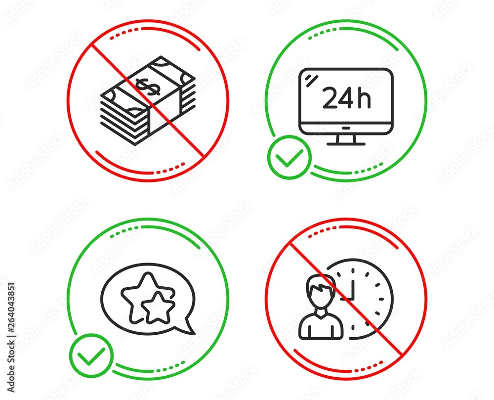 Do or Stop. Usd currency, Star and 24h service icons simple set. Working hours sign. Buying commerce, Favorite, Call support. Project deadline. Line usd currency do icon. Prohibited ban stop. Vector