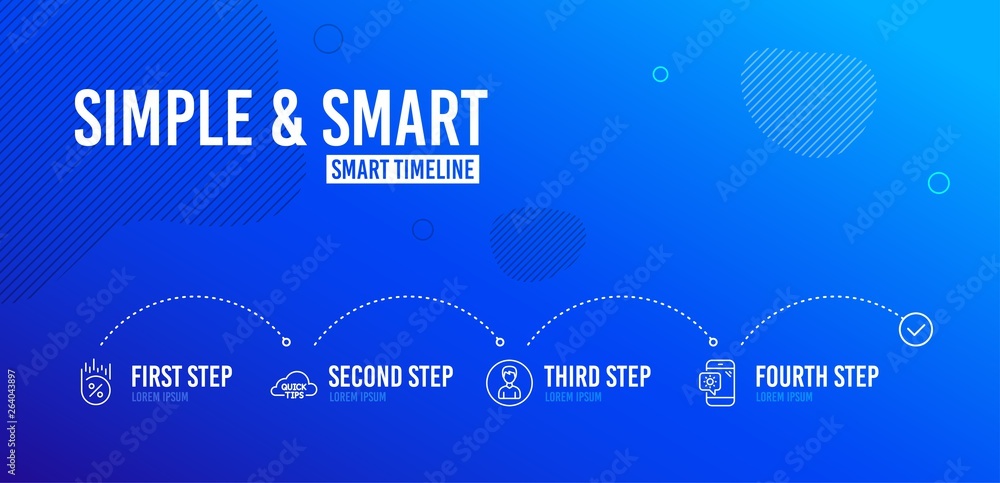 Infographic timeline. Person, Loan percent and Quick tips icons simple set. Weather phone sign. Edit profile, Discount, Helpful tricks. Travel device. 4 steps layout. Line person icon. Vector Infographic timeline. Person, Loan percent and Quick tips icons simple set. Weather phone sign. Edit profile, Discount, Helpful tricks. Travel device. 4 steps layout. Line person icon. Vector