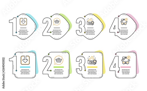 Shopping cart, Cream and Load document icons simple set. Bus parking sign. Dreaming of gift, Best lotion, Download arrowhead. Public park. Infographic timeline. Line shopping cart icon. Vector