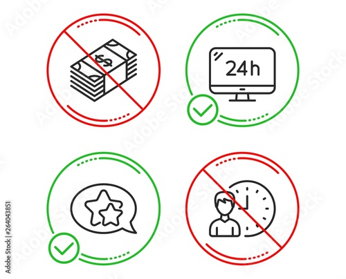 Do or Stop. Usd currency, Star and 24h service icons simple set. Working hours sign. Buying commerce, Favorite, Call support. Project deadline. Line usd currency do icon. Prohibited ban stop. Vector