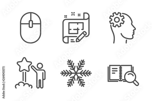 Engineering, Architect plan and Computer mouse icons simple set. Star, Snowflake and Search book signs. Cogwheel head, Engineering plan. Technology set. Line engineering icon. Editable stroke. Vector