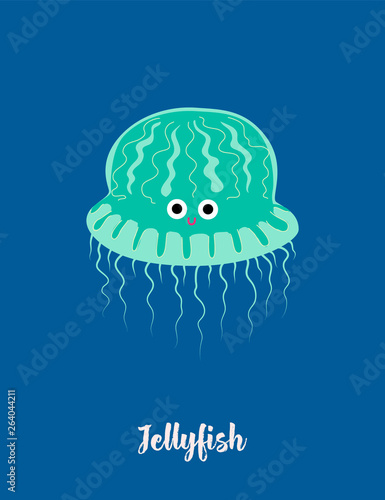 Green jellyfish on blue background. The style cartoon. Vector