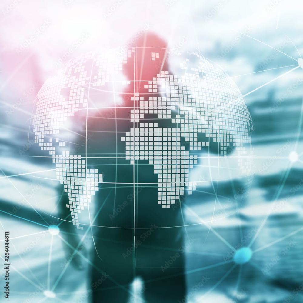 3D Earth hologram on blurred background.Global business and communication concept. 3D Earth hologram on blurred background.Global business and communication concept.