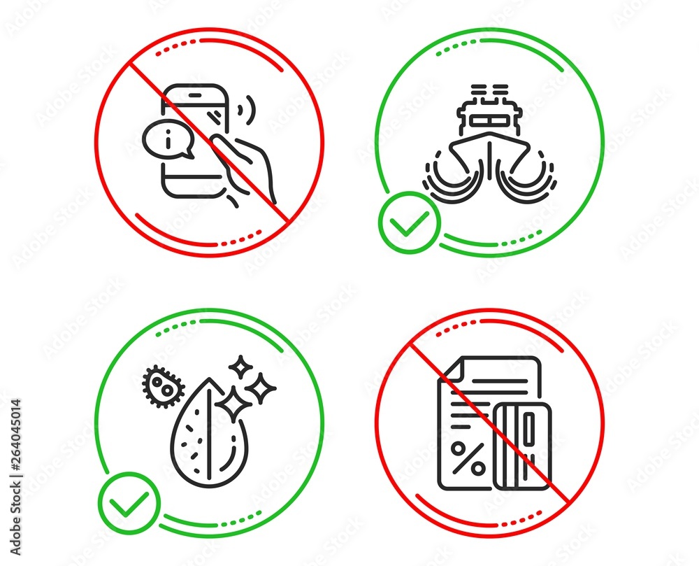 Fototapeta premium Do or Stop. Ship, Call center and Dirty water icons simple set. Credit card sign. Shipping watercraft, Phone support, Aqua drop. Loan percent. Line ship do icon. Prohibited ban stop. Good or bad