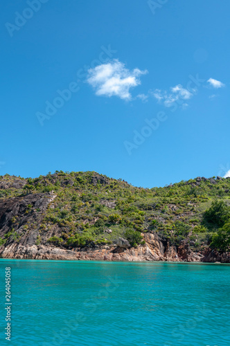 view of the rocky coastline of the Marine National Park of Curieuse island, Seychelles
