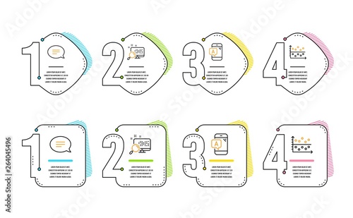 Ab testing, Chat and Search icons simple set. Dot plot sign. Phone test, Speech bubble, Find file. Presentation graph. Infographic timeline. Line ab testing icon. 4 options or steps. Vector