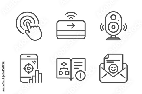 Speaker, Contactless payment and Seo phone icons simple set. Technical algorithm, Click and Smile signs. Music sound, Financial payment. Technology set. Line speaker icon. Editable stroke. Vector