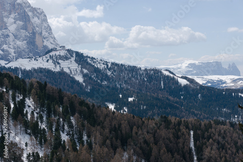 Langkofel Dolomites, alp mountain in wolkenstein on a sunny winter day
