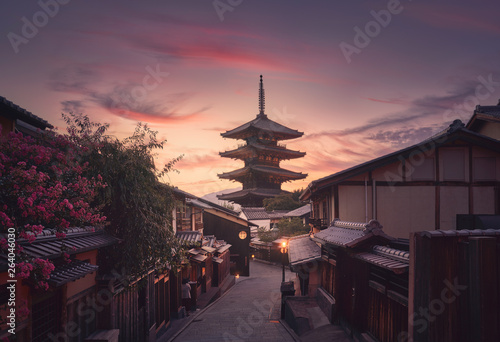 Yasaka Pagoda and Sannen Zaka Street in Kyoto at sunset, Japan.