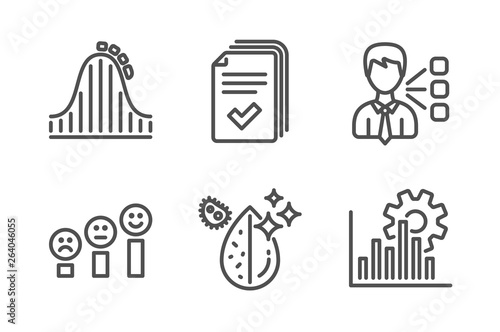 Handout, Roller coaster and Customer satisfaction icons simple set. Third party, Dirty water and Seo graph signs. Documents example, Attraction park. Technology set. Line handout icon. Editable stroke
