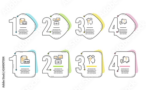 Vacancy, Mindfulness stress and Business portfolio icons simple set. Question mark sign. Hiring job, Cloud storm, Job interview. Quiz chat. Science set. Infographic timeline. Line vacancy icon