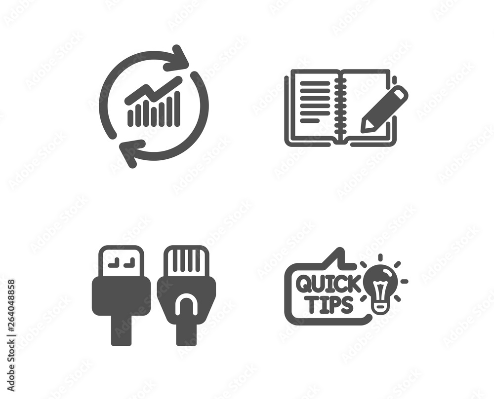Set of Update data, Feedback and Computer cables icons. Education idea sign. Sales statistics, Book with pencil, Rj45 internet. Quick tips.  Classic design update data icon. Flat design. Vector