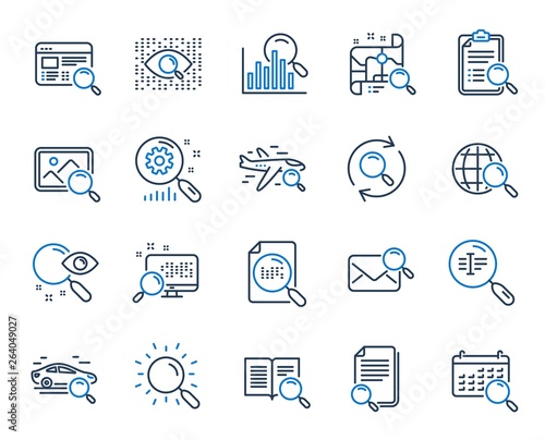 Search line icons. Photo indexation, Artificial intelligence, Car rental icons. Airplane flights, Web search engine, Analytics. Find photo, checklist document, artificial intelligence eye. Vector
