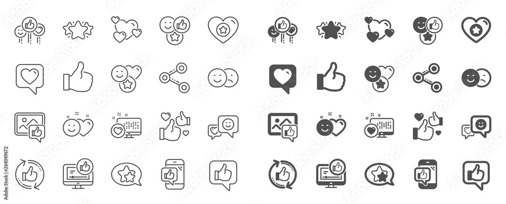 Social media line icons. Set - Share network, Social links and Rating linear icons. Heart, Feedback smile emotion and internet media. Share network, like icon, video content rating and dislike Social media line icons. Set - Share network, Social links and Rating linear icons. Heart, Feedback smile emotion and internet media. Share network, like icon, video content rating and dislike