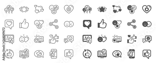 Social media line icons. Set - Share network, Social links and Rating linear icons. Heart, Feedback smile emotion and internet media. Share network, like icon, video content rating and dislike